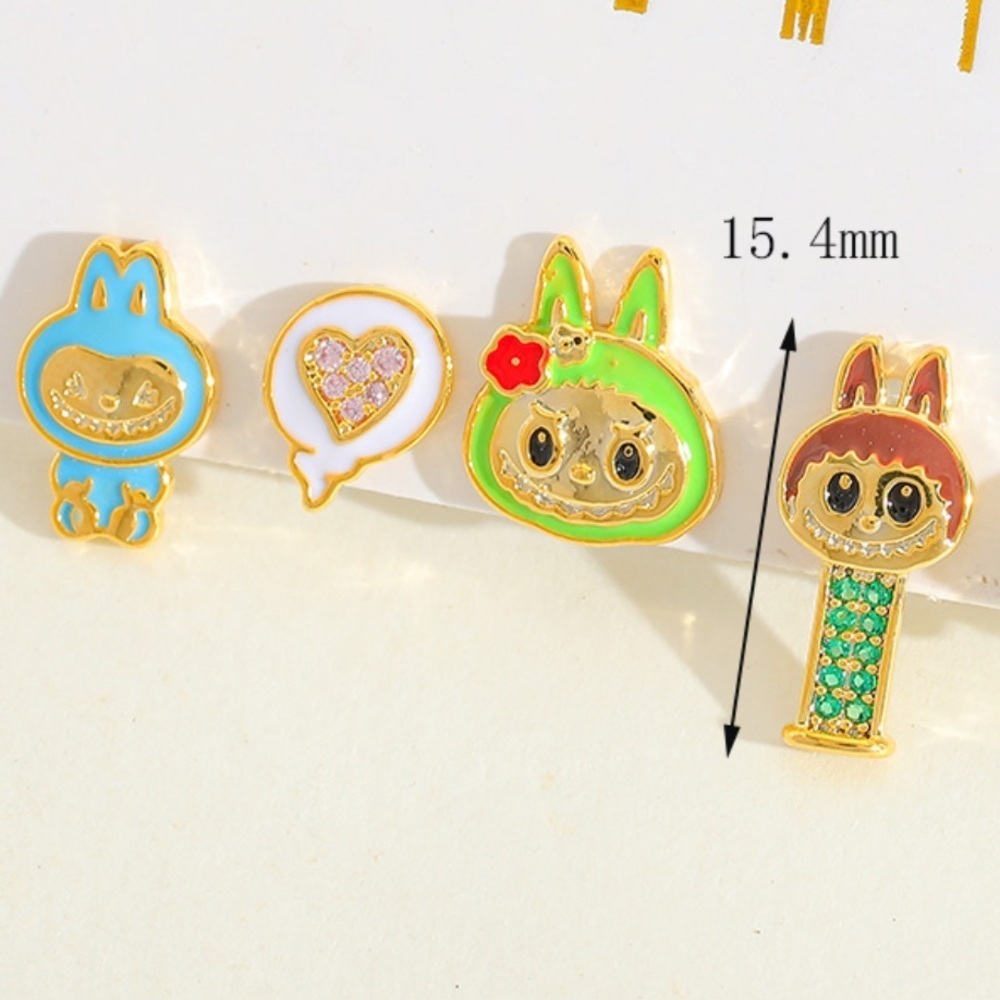 Labubu Inspired 14K Gold Monster Pez Theme Enameled Earrings Mismatched Set - Picture 3 of 6
